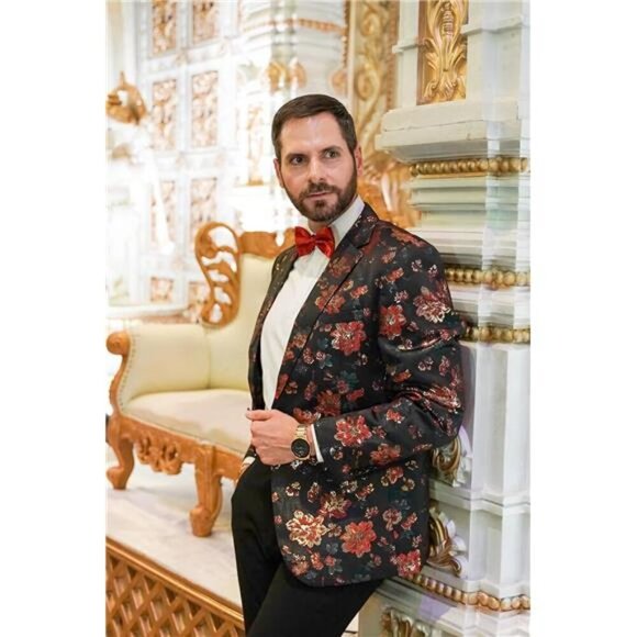 Mens Floral Tuxedo Jackets Slim Fit Suit Blazer Jacket for Dinner Prom Wedding - Picture 3 of 7